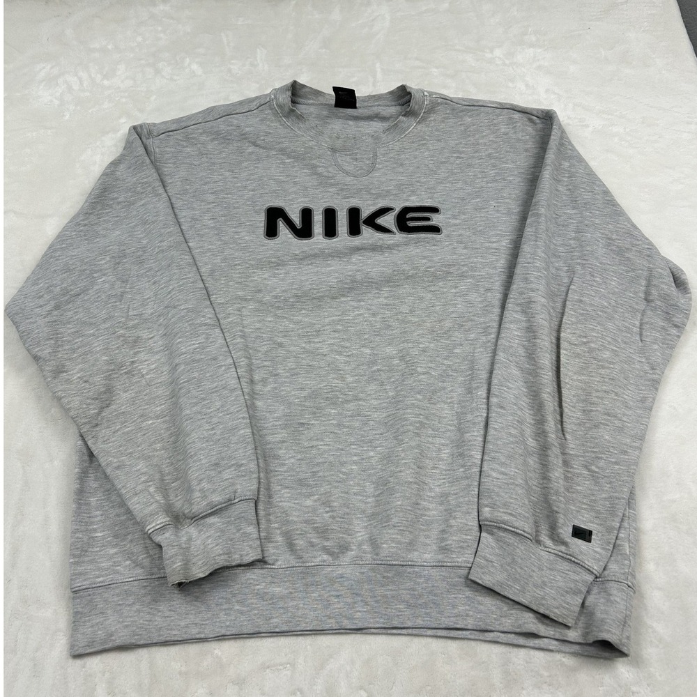 Nike Sweatshirt Mens XL Grey Embroidered Spellout Logo Crewneck Fleece Pullover
